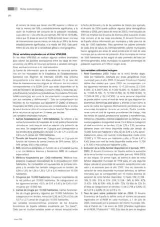 Notas metodológicas

280



         el número de áreas que tienen una RIE superior o inferior en          la fecha del Anuario y la de las variables de interés (por ejemplo,
         más (o menos) del 50%, y estadísticamente significativa, a la         el Anuario de 2006 puede publicar algunos datos demográficos
         razón de incidencia del conjunto de la población estudiada,           referidos a 2006, pero datos de renta de 2003 y nivel estudios de
         cuyo valor es 1. Una cifra de, por ejemplo, RIE<50 de 12(10,8%),      2001) se emplean los Anuarios de diversos años buscando el dato
         indica que 10 áreas de salud (el 10,8% del total) tienen una tasa     más cercano al de las tasas estudiadas. El Anuario Económico
         de intervenciones que es menor, en más de un 50% y de forma           de España ofrece información por municipios y sólo para los de
         estadísticamente significativa, a la media del SNS. Este pará-        más de 1.000 habitantes. Para aproximar los valores promedio
         metro da una idea de la variabilidad global a nivel geográfico.       de cada área de salud, los correspondientes valores municipales
                                                                               fueron agregados por áreas de salud ponderando el nivel de cada
      Otras variables empleadas en el Atlas VPM-SNS                            municipio por su volumen de población. A los municipios de menos
      En los Atlas VPM-SNS se realizan algunos análisis bivariables            de 1000 habitantes se les asignó el valor promedio del área (en
      para valorar las posibles asociaciones entre las tasas de inter-         términos generales, estos municipios no suponen porcentajes de
      venciones y la oferta de recursos sanitarios o variables demográ-        población superiores al 5-10% en ningún área).
      ficas, socio-económicas o de nivel educativo.
      La fuente de información para la variables de recursos sanita-           Las variables utilizadas incluyen:
      rios son los microdatos de la Estadística de Establecimientos            1. Nivel Económico 2003. Índice de la renta familiar dispo-
      Sanitarios con Régimen de Internado (EESRI) más próxima                     nible por habitante, estimada por áreas geográficas (nivel
      temporalmente a los datos del Atlas analizado. En el caso del               municipal) para el año 2003. El Anuario Económico Español
      Atlas de intervenciones oncológicas se utilizaron los microdatos            define diez niveles que –para 2003- se corresponden con
      correspondientes a la EESRI-2004 que están disponibles en la                los siguientes intervalos de renta: 1) <7.200 euros; 2) 7.200-
      web del Ministerio de Sanidad y Consumo (http://www.msc.es/                 8.300; 3) 8.300-9.300; 4) 9.300-10.200; 5) 10.200-11.300;
      estadEstudios/estadisticas/estadisticas/microdatos/frmLista-                6) 11.300-12.100; 7) 12.100-12.700; 8) 12.700-13.500; 9)
      doMicrodatos.jsp) así como la documentación complementaria                  13.500-14.500; y 10) >14.500). La renta personal disponible
      con sus variables y definiciones4,5. Sólo se contabilizaron los             se puede definir como el nivel de renta de que disponen las
      recursos de los hospitales que aportaron el CMBD al proyecto                economías domésticas para gastar y ahorrar, o bien como la
      (hospitales del SNS) y los recursos son contabilizados en el área           suma de todos los ingresos efectivamente percibidos por las
      de salud donde se ubica el correspondiente hospital. Típicamente,           economías domésticas durante un período. Podría conside-
      estos recursos se agrupan en 3 niveles por terciles.                        rarse como el total de ingresos procedentes del trabajo, más
      Las variables empleadas incluyen:                                           las rentas de capital, prestaciones sociales y transferencias,
      1. Camas hospitalarias por 1.000 habitantes. Se refieren a las              menos los impuestos directos pagados por las familias y las
          camas funcionantes de hospitales de la red pública físicamente          cuotas pagadas a la seguridad social. En el Atlas se categorizó
          ubicadas en cada área de salud en relación a la población de            el nivel económico en terciles: t1) de 1,76 a 3,95, aproxima-
          esa área. Se categorizaron en 3 grupos que correspondían a              damente áreas con renta disponible media por debajo de
          los terciles de la distribución: de 0,82-1,71, de 1,71 a 2,42 y de      10.000 Euros por habitante y año; t2) de 3,98 a 6,46, aproxi-
          2,43 a 6,15 camas por 1000 habitantes.                                  madamente, áreas con nivel de renta disponible medio entre
      2. Tamaño del hospital (camas). Categorizado en 3 grupos en                 10.000 y 11.700 euros por habitante y año; y t3) de 6,47 a
          función del número de camas (menos de 299 camas; 300 a                  9,40, áreas con nivel de renta disponible media entre 11.700
          599 camas; 600 o más camas).                                            y 14.500 o más euros por habitante y año.
      3. MIR. Docencia postgrado, en función de si el hospital cuenta          2. Evolución de la renta familiar disponible en el periodo 1999-
          o no con Médicos Internos y Residentes (MIR) de cualquier               2003. El Anuario Económico de España estima la evolución
          especialidad.                                                           de la renta familiar municipal disponible (período 1998-2003)
      4. Médicos hospitalarios por 1.000 habitantes. Médicos hos-                 en dos etapas. En primer lugar, se estima el dato de renta
          pitalarios (cualquier especialidad) de la red pública por 1000          familiar disponible municipal de 1998 para, en una segunda
          habitantes. Se contabilizan en equivalentes de jornada com-             etapa, calcular el porcentaje de variación existente entre este
          pleta y la variable fue también categorizada en terciles: de            valor y el estimado para el año 2003. Una vez obtenida la
          0,06 a 1,05, de 1,06 a 1,30 y 1,31 a 3,16 médicos por 10.000            variación de renta disponible municipal definitiva, se definen
          habitantes.                                                             intervalos, que se corresponden con 10 niveles distintos de
      5. Cirujanos por 10.000 habitantes: Cirujanos hospitalarios de              variación de renta familiar disponible: 1) Hasta 10%; 2) 10% -
          la red pública por 10.000 habitantes. Se categorizaron en               16%; 3) 16% - 21%; 4) 21% - 26%; 5) 26% - 34%; 6) 34% - 42%;
          los siguientes terciles: <0,15, de 0,15 a 0,40 y de 0,40 a 0,61         7) 42% - 50%; 8) 50% - 60%; 9) 60% - 72%; 10) Más de 72%. En
          cirujanos por 10.000 hab.                                               el Atlas se categorizaron en terciles: t1) de 2,75% a 5,00%; t2)
      6. Camas de cirugía por 10.000 habitantes. Camas funcionan-                 de 5,01% a 6,00%; t3) de 6,01% a 10.
          tes de cirugía general y digestivo por 10.000 habitantes. Se         3. Tasa de paro sobre población total en 2004. El Anuario
          categorizaron en terciles: menos de 0,38, de 0,39 a 0,56 y de           Económico de España lo define como el número de parados
          0,57 a 1,27 camas de cirugía por 10.000 habitantes.                     registrados en el INEM en cada municipio, a 1 de julio de
      Las variables socioeconómicas provienen de los Anuarios                     2004, relativizado por la población del mismo municipio refe-
      Económicos de España editados anualmente por “La Caixa”6.                   rida al Padrón de 1 de enero de 2003 [(Parados registrados
      Dado que en muchas variables existe un retraso temporal entre               en el INEM / Población) * 100]. Esta tasa de paro se desglosa


       Atlas VPM
 