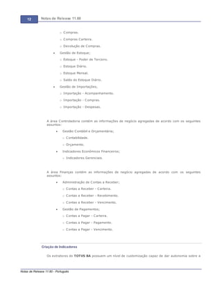 12 Notas de Release 11.80
Notas de Release 11.80 - Português
o Compras.
o Compras Carteira.
o Devolução de Compras.
Gestão de Estoque;
o Estoque - Poder de Terceiro.
o Estoque Diário.
o Estoque Mensal.
o Saldo do Estoque Diário.
Gestão de Importações;
o Importação - Acompanhamento.
o Importação - Compras.
o Importação - Despesas.
A área Controladoria contém as informações de negócio agregadas de acordo com os seguintes
assuntos:
Gestão Contábil e Orçamentária;
o Contabilidade.
o Orçamento.
Indicadores Econômicos Financeiros;
o Indicadores Gerenciais.
A área Finanças contém as informações de negócio agregadas de acordo com os seguintes
assuntos:
Administração de Contas a Receber;
o Contas a Receber - Carteira.
o Contas a Receber - Recebimento.
o Contas a Receber - Vencimento.
Gestão de Pagamentos;
o Contas a Pagar - Carteira.
o Contas a Pagar - Pagamento.
o Contas a Pagar - Vencimento.
Criação de Indicadores
Os extratores do TOTVS BA possuem um nível de customização capaz de dar autonomia sobre a
 