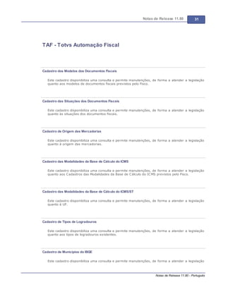 Notas de Release 11.80 31
Notas de Release 11.80 - Português
TAF - Totvs Automação Fiscal
Cadastro dos Modelos dos Documentos Fiscais
Este cadastro disponibiliza uma consulta e permite manutenções, de forma a atender a legislação
quanto aos modelos de documentos fiscais previstos pelo Fisco.
Cadastro das Situações dos Documentos Fiscais
Este cadastro disponibiliza uma consulta e permite manutenções, de forma a atender a legislação
quanto às situações dos documentos fiscais.
Cadastro de Origem das Mercadorias
Este cadastro disponibiliza uma consulta e permite manutenções, de forma a atender a legislação
quanto à origem das mercadorias.
Cadastro das Modalidades da Base de Cálculo do ICMS
Este cadastro disponibiliza uma consulta e permite manutenções, de forma a atender a legislação
quanto aos Cadastros das Modalidades da Base de Cálculo do ICMS previstos pelo Fisco.
Cadastro das Modalidades da Base de Cálculo do ICMS/ST
Este cadastro disponibiliza uma consulta e permite manutenções, de forma a atender a legislação
quanto à UF.
Cadastro de Tipos de Logradouros
Este cadastro disponibiliza uma consulta e permite manutenções, de forma a atender a legislação
quanto aos tipos de logradouros existentes.
Cadastro de Municípios do IBGE
Este cadastro disponibiliza uma consulta e permite manutenções, de forma a atender a legislação
 