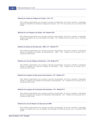 42 Notas de Release 11.80
Notas de Release 11.80 - Português
Relatório de Tabela de Códigos de Produto - LCP - P11
Este relatório disponibiliza uma consulta e permite manutenções, de forma a atender a legislação
quanto ao Relatório de Tabela de Códigos de Produto - LCP - P11 de acordo com o convênio ICMS
31/99.
Relatório de Livro Registro de Saídas - RS - Modelo P2/A
Este relatório disponibiliza uma consulta e permite manutenções, de forma a atender a legislação
quanto ao Relatório de Livro de Registro de Saídas - RS - Modelo P2/A de acordo com o convênio
ICMS 31/99.
Relatório de Dados de Recolhimento - GNR - LP1 - Modelo P14
Este relatório disponibiliza uma consulta e permite manutenções, de forma a atender a legislação
quanto ao Relatório de Dados de Recolhimento - GNR - LP1 - Modelo P14 de acordo com o
convênio ICMS 31/99.
Relatório de Lista de Códigos de Emitentes - LCE - Modelo P10
Este relatório disponibiliza uma consulta e permite manutenções, de forma a atender a legislação
quanto ao Relatório de Lista de Códigos de Emitentes - LCE - Modelo P10 de acordo com o
convênio ICMS 31/99.
Relatório de Listagem de Operações Interestaduais - LP1 - Modelo P12
Este relatório disponibiliza uma consulta e permite manutenções, de forma a atender a legislação
quanto ao relatório de Listagem de Operações Interestaduais - LP1 - Modelo P12 de acordo com o
convênio ICMS 31/99.
Relatório de Listagem de Prestações Interestaduais - LP1 - Modelo P13
Este relatório disponibiliza uma consulta e permite manutenções, de forma a atender a legislação
quanto ao relatório de Listagem de Prestações Interestaduais - LP1 - Modelo P13 de acordo com o
convênio ICMS 31/99.
Relatório de Livro de Registro de Apuração de ICMS
Este relatório disponibiliza uma consulta e permite manutenções, de forma a atender a legislação
quanto ao relatório de Livro de Registro de Apuração de ICMS de acordo com o convênio ICMS
31/99.
 