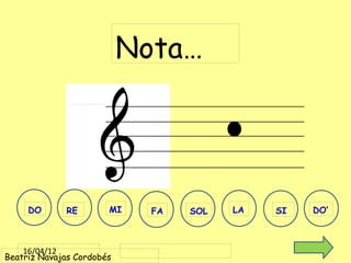 Nota…




     DO      RE        MI    FA   SOL   LA   SI   DO’



    16/04/12
Beatriz Navajas Cordobés
 