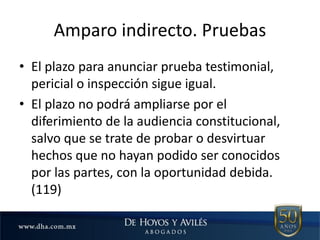 Amparo indirecto. Pruebas
• El plazo para anunciar prueba testimonial,
pericial o inspección sigue igual.
• El plazo no podrá ampliarse por el
diferimiento de la audiencia constitucional,
salvo que se trate de probar o desvirtuar
hechos que no hayan podido ser conocidos
por las partes, con la oportunidad debida.
(119)
 
