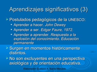 Elaboración Gustavo A. Ibarra Mercado
Aprendizajes significativos (3)Aprendizajes significativos (3)
 Postulados pedagógicos de laPostulados pedagógicos de la UNESCOUNESCO::

Aprender a hacer.Aprender a hacer. John DeweyJohn Dewey

Aprender a ser.Aprender a ser. Edgar Faure, 1972Edgar Faure, 1972..

Aprender a aprender.Aprender a aprender. Respuesta a laRespuesta a la
explosión del conocimiento. Educaciónexplosión del conocimiento. Educación
permanentepermanente
 Surgen en momentos históricamenteSurgen en momentos históricamente
distintos.distintos.
 No son excluyentes en una perspectivaNo son excluyentes en una perspectiva
axiológica y de orientación educativa.axiológica y de orientación educativa.
 