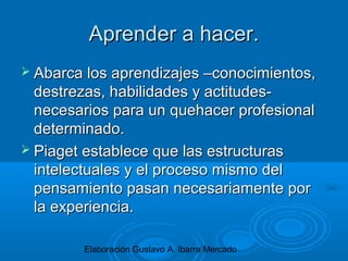 Elaboración Gustavo A. Ibarra Mercado
Aprender a hacer.Aprender a hacer.
 Abarca los aprendizajes –conocimientos,Abarca los aprendizajes –conocimientos,
destrezas, habilidades y actitudes-destrezas, habilidades y actitudes-
necesarios para un quehacer profesionalnecesarios para un quehacer profesional
determinado.determinado.
 Piaget establece que las estructurasPiaget establece que las estructuras
intelectuales y el proceso mismo delintelectuales y el proceso mismo del
pensamiento pasan necesariamente porpensamiento pasan necesariamente por
la experiencia.la experiencia.
 