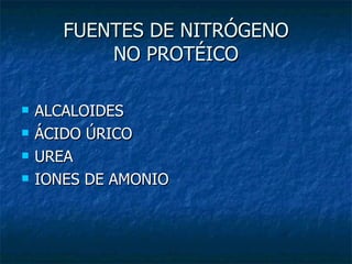 FUENTES DE NITRÓGENO NO PROTÉICO ALCALOIDES ÁCIDO ÚRICO UREA IONES DE AMONIO 