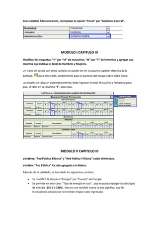 En la variable Administración, reemplazar la opción “Fiscal” por “Gobierno Central”.




                                MODULO I CAPITULO IV
Modificar las etiquetas: “H” por “M” de masculino, “M” por “F” de femenino y agregar una
columna que indique el total de Hombres y Mujeres.

Un ícono de ayuda con estos cambios se puede ver en la esquina superior derecha de la
pantalla,    para mostrarlo, simplemente pase el puntero del mouse sobre dicho ícono.

Los totales se calculan automáticamente, debe ingresar el total Masculino y Femenino para
que, el valor en la columna “T”, aparezca.




                               MODULO II CAPITULO III
Variables: “Red Pública Bifásica” y “Red Pública Trifásica” están eliminadas.

Variable: "Red Pública" ha sido agregada a la Boleta.

Además de lo señalado, se han dado los siguientes cambios:

       Se modificó la etiqueta “Energía” por “Fuente” de Energía.
       Se permite en este caso: “Tipo de energía en uso”, que se pueda escoger los dos tipos
        de energía (110 V y 220V). Esta es una variable nueva lo que significa, que las
        instituciones educativas no tendrán ningún valor ingresado.
 