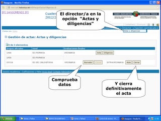 Comprueba
datos
El director/a en la
opción “Actas y
diligencias”
Y cierra
definitivamente
el acta
 