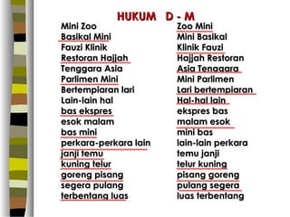 HUKUM D - M
Mini Zoo               Zoo Mini
Basikal Mini           Mini Basikal
Fauzi Klinik           Klinik Fauzi
Restoran Hajjah        Hajjah Restoran
Tenggara Asia          Asia Tenggara
Parlimen Mini          Mini Parlimen
Bertempiaran lari      Lari bertempiaran
Lain-lain hal          Hal-hal lain
bas ekspres            ekspres bas
esok malam             malam esok
bas mini               mini bas
perkara-perkara lain   lain-lain perkara
janji temu             temu janji
kuning telur           telur kuning
goreng pisang          pisang goreng
segera pulang          pulang segera
terbentang luas        luas terbentang
 