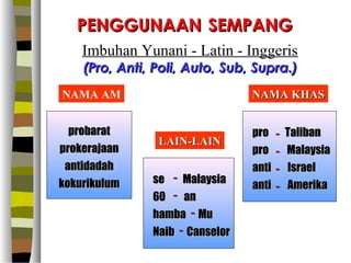 PENGGUNAAN SEMPANG
    Imbuhan Yunani - Latin - Inggeris
    (Pro, Anti, Poli, Auto, Sub, Supra.)
NAMA AM                          NAMA KHAS


  probarat                       pro    -   Taliban
                LAIN-LAIN
prokerajaan                      pro    -   Malaysia
 antidadah                       anti   -   Israel
kokurikulum    se - Malaysia     anti   -   Amerika
               60 - an
               hamba - Mu
               Naib - Canselor
 