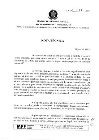 Nota do MPF cotnrária À MP 665 2014