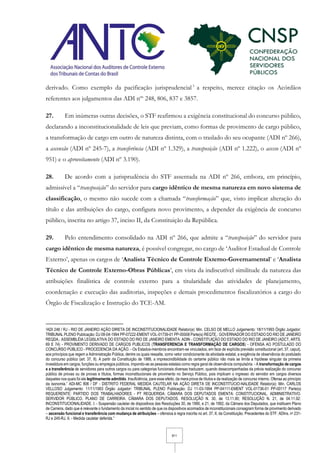 8/11
derivado. Como exemplo da pacificação jurisprudencial3
a respeito, merece citação os Acórdãos
referentes aos julgamentos das ADI nºs
248, 806, 837 e 3857.
27. Em inúmeras outras decisões, o STF reafirmou a exigência constitucional do concurso público,
declarando a inconstitucionalidade de leis que previam, como formas de provimento de cargo público,
a transformação de cargo em outro de natureza distinta, com o traslado do seu ocupante (ADI nº 266),
a ascensão (ADI nº 245-7), a transferência (ADI nº 1.329), a transposição (ADI nº 1.222), o acesso (ADI nº
951) e o aproveitamento (ADI nº 3.190).
28. De acordo com a jurisprudência do STF assentada na ADI nº 266, embora, em princípio,
admissível a “transposição” do servidor para cargo idêntico de mesma natureza em novo sistema de
classificação, o mesmo não sucede com a chamada “transformação” que, visto implicar alteração do
título e das atribuições do cargo, configura novo provimento, a depender da exigência de concurso
público, inscrita no artigo 37, inciso II, da Constituição da República.
29. Pelo entendimento consolidado na ADI nº 266, que admite a “transposição” do servidor para
cargo idêntico de mesma natureza, é possível congregar, no cargo de ‘Auditor Estadual de Controle
Externo’, apenas os cargos de ‘Analista Técnico de Controle Externo-Governamental’ e ‘Analista
Técnico de Controle Externo-Obras Públicas’, em vista da indiscutível similitude da natureza das
atribuições finalística de controle externo para a titularidade das atividades de planejamento,
coordenação e execução das auditorias, inspeções e demais procedimentos fiscalizatórios a cargo do
Órgão de Fiscalização e Instrução do TCE-AM.
3ADI 248 / RJ - RIO DE JANEIRO AÇÃO DIRETA DE INCONSTITUCIONALIDADE Relator(a): Min. CELSO DE MELLO Julgamento: 18/11/1993 Órgão Julgador:
TRIBUNAL PLENO Publicação: DJ 08-04-1994 PP-07222-EMENT VOL-01739-01 PP-00008 Parte(s) REQTE.: GOVERNADOR DO ESTADO DO RIO DE JANEIRO
REQDA.: ASSEMBLÉIA LEGISLATIVA DO ESTADO DO RIO DE JANEIRO EMENTA: ADIN - CONSTITUIÇÃO DO ESTADO DO RIO DE JANEIRO (ADCT, ARTS.
69 E 74) - PROVIMENTO DERIVADO DE CARGOS PUBLICOS (TRANSFERENCIA E TRANSFORMAÇÃO DE CARGOS) - OFENSA AO POSTULADO DO
CONCURSO PÚBLICO - PROCEDENCIA DA AÇÃO. - Os Estados-membros encontram-se vinculados, em face de explícita previsão constitucional (art. 37, caput),
aos princípios que regem a Administração Pública, dentre os quais ressalta, como vetor condicionante da atividade estatal, a exigência de observância do postulado
do concurso público (art. 37, II). A partir da Constituição de 1988, a imprescindibilidade do certame público não mais se limita a hipótese singular da primeira
investidura em cargos, funções ou empregos públicos, impondo-se as pessoas estatais como regra geral de observância compulsória. - A transformação de cargos
e a transferência de servidores para outros cargos ou para categorias funcionais diversas traduzem, quando desacompanhadas da prévia realização do concurso
público de provas ou de provas e títulos, formas inconstitucionais de provimento no Serviço Público, pois implicam o ingresso do servidor em cargos diversos
daqueles nos quais foi ele legitimamente admitido. Insuficiência, para esse efeito, da mera prova de títulos e da realização de concurso interno. Ofensa ao princípio
da isonomia.” ADI-MC 806 / DF - DISTRITO FEDERAL MEDIDA CAUTELAR NA AÇÃO DIRETA DE INCONSTITUCIO-NALIDADE Relator(a): Min. CARLOS
VELLOSO Julgamento: 11/11/1993 Órgão Julgador: TRIBUNAL PLENO Publicação: DJ 11-03-1994 PP-04111-EMENT VOL-01736-01 PP-00117 Parte(s)
REQUERENTE: PARTIDO DOS TRABALHADORES - PT REQUERIDA: CÂMARA DOS DEPUTADOS EMENTA: CONSTITUCIONAL. ADMINISTRATIVO.
SERVIDOR PÚBLICO. PLANO DE CARREIRA. CÂMARA DOS DEPUTADOS. RESOLUÇÃO N. 30, de 13.11.90; RESOLUÇÃO N. 21, de 04.11.92:
INCONSTITUCIONALIDADE. I. - Suspensão cautelar de dispositivos das Resoluções 30, de 1990, e 21, de 1992, da Câmara dos Deputados, que instituem Plano
de Carreira, dado que é relevante o fundamento da inicial no sentido de que os dispositivos acoimados de inconstitucionais consagram forma de provimento derivado
– ascensão funcional e transferência com mudança de atribuições – ofensiva à regra inscrita no art. 37, II, da Constituição. Precedentes do STF: ADIns. ns 231-
RJ e 245-RJ. II. - Medida cautelar deferida.”
 
