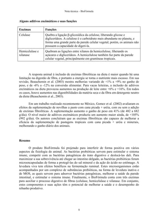 Nota técnica – BioFórmula


Alguns aditivos enzimáticos e suas funções

Enzimas             Funções
Celulase            Quebra a ligação β-glicosídica da celulose, liberando glicose e
                    diglicerídeos. A celulose é o carboidrato mais abundante no planeta, e
                    forma uma grande parte da parede celular vegetal; porém, os animais não
                    possuem a capacidade de digeri-la.
Hemicelulase e      Quebram as ligações entre xilanos da hemicelulose, liberando os
xilanase            açúcares e diglicerídeos. A hemicelulose também faz parte da parede
                    celular vegetal, principalmente em gramíneas tropicais.



        A resposta animal à inclusão de enzimas fibrolíticas na dieta é maior quando há uma
limitação na digestão de fibra, e portanto a energia se torna o nutriente mais escasso. Em sua
revisão, Beauchemin et al. (2003) mostra melhorias variando de +1% a +9% no ganho de
peso, e de -6% a -12% na conversão alimentar. Para vacas leiteiras, a inclusão de aditivos
enzimáticos na dieta provocou aumentos na produção de leite entre +6% e +16%. Em todos
os casos, houve aumentos nas digestibilidades da matéria seca e da fibra em detergente neutro
da dieta (Beauchemin et al., 2003).

        Em um trabalho realizado recentemente no México, Gomez et al. (2002) avaliaram os
efeitos da suplementação de novilhas a pasto com cana picada + uréia, com ou sem a adição
de enzimas fibrolíticas. A suplementação aumento o ganho de peso em 41% (de 482 a 682
g/dia). O nível maior de aditivos enzimáticos produziu um aumento maior ainda, de +105%
(992 g/dia). Os autores concluíram que as enzimas fibrolíticas são capazes de melhorar a
eficácia da suplementação de pastagens tropicais com cana picada + uréia e minerais,
melhorando o ganho diário dos animais.



Resumo

        O produto BioFórmula foi projetado para interferir de forma positiva em vários
aspectos da fisiologia do animal. As bactérias probióticas servem para estimular o sistema
imune, competir com as bactérias patogênicas do trato digestivo e deslocá-las dali. Para
maximizar a sua sobrevivência até chegar ao intestino delgado, as bactérias probióticas foram
microencapsuladas de forma a protegê-las do sal mineral e da ação do ácido no estômago. A
levedura viva tem efeitos benéficos na fermentação ruminal. Estes microorganismos estão
acompanhados por um complexo de substâncias prebióticas, na forma de levedura inativa e
de MOS, as quais servem para adsorver bactérias patogênicas, melhorar a saúde da parede
intestinal, e estimular o sistema imune. Finalmente, o BioFórmula conta com três enzimas
para auxiliar o processo digestivo de fibras (celulase, hemicelulase e xilanase. Em conjunto,
estes componentes e suas ações têm o potencial de melhorar a saúde e o desempenho do
rebanho produtivo.




                                              8
 