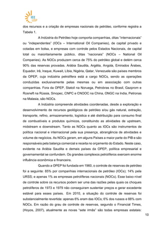 1010
dos recursos e a criação de empresas nacionais de petróleo, conforme registra a
Tabela 1.
A Indústria do Petróleo hoje comporta companhias, ditas “internacionais”
ou “independentes” (IOCs – International Oil Companies), de capital privado e
cotadas em bolsa, e empresas com controle pelos Estados Nacionais, de capital
total ou maioritariamente público, ditas “nacionais” (NOCs – National Oil
Companies). As NOCs produzem cerca de 75% do petróleo global e detém cerca
90% das reservas provadas. Arábia Saudita, Argélia, Angola, Emirados Árabes,
Equador, Irã, Iraque, Kuwait, Líbia, Nigéria, Qatar, Venezuela são países membros
da OPEP, cuja indústria petrolífera está a cargo NOCs, sendo as operações
conduzidas exclusivamente pelas mesmas ou em associação com outras
companhias. Fora da OPEP, Statoil na Noruega, Petrobras no Brasil, Gazprom e
Rosneft na Rússia, Sinopec, CNPC e CNOOC na China, ONGC na India, Petronas
na Malasia, são NOCs.
A Indústria compreende atividades coordenadas, desde a exploração e
desenvolvimento de recursos geológicos de petróleo e/ou gás natural, extração,
transporte, refino, armazenamento, logística e até distribuição para consumo final
de combustíveis e produtos químicos, constituindo as atividades de upstream,
midstream e downstream. Tanto as NOCs quanto as IOCs são instrumentos de
política nacional e internacional pela sua presença, abrangência de atividades e
volume de negócios. As NOCs geram, em alguns Países a maior parte do PIB e são
responsáveis pela balança comercial e receita no orçamento do Estado. Neste caso,
evidente na Arábia Saudita e demais países da OPEP, política empresarial e
governamental se confundem. Os grandes complexos petrolíferos exercem enorme
influência econômica e financeira.
Quando a OPEP foi fundada em 1960, o controle de reservas de petróleo
foi a seguinte: 85% por companhias internacionais de petróleo (IOCs); 14% pela
URSS; e apenas 1% as empresas petrolíferas nacionais (NOCs). Esse baixo nível
de controle sobre os recursos podem ser uma das razões pelas quais os choques
petrolíferos de 1973 e 1979 não conseguiram sustentar preços e gerar excedente
estável para esses países. Em 2010, a situação do controle de reservas foi
substancialmente revertida: apenas 6% eram das IOCs; 6% dos russos e 88% com
NOCs. Em razão do grau de controle de reservas, segundo o Financial Times,
(Hoyos, 2007), atualmente as novas “sete irmãs” são todas empresas estatais:
 