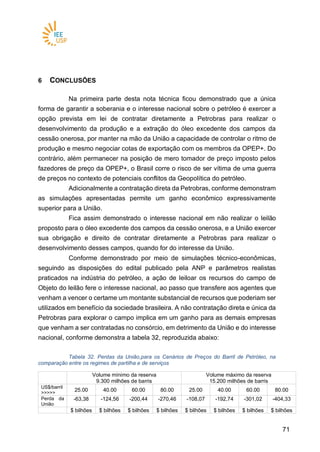 7171
6 CONCLUSÕES
Na primeira parte desta nota técnica ficou demonstrado que a única
forma de garantir a soberania e o interesse nacional sobre o petróleo é exercer a
opção prevista em lei de contratar diretamente a Petrobras para realizar o
desenvolvimento da produção e a extração do óleo excedente dos campos da
cessão onerosa, por manter na mão da União a capacidade de controlar o ritmo de
produção e mesmo negociar cotas de exportação com os membros da OPEP+. Do
contrário, além permanecer na posição de mero tomador de preço imposto pelos
fazedores de preço da OPEP+, o Brasil corre o risco de ser vítima de uma guerra
de preços no contexto de potenciais conflitos da Geopolítica do petróleo.
Adicionalmente a contratação direta da Petrobras, conforme demonstram
as simulações apresentadas permite um ganho econômico expressivamente
superior para a União.
Fica assim demonstrado o interesse nacional em não realizar o leilão
proposto para o óleo excedente dos campos da cessão onerosa, e a União exercer
sua obrigação e direito de contratar diretamente a Petrobras para realizar o
desenvolvimento desses campos, quando for do interesse da União.
Conforme demonstrado por meio de simulações técnico-econômicas,
seguindo as disposições do edital publicado pela ANP e parâmetros realistas
praticados na indústria do petróleo, a ação de leiloar os recursos do campo de
Objeto do leilão fere o interesse nacional, ao passo que transfere aos agentes que
venham a vencer o certame um montante substancial de recursos que poderiam ser
utilizados em benefício da sociedade brasileira. A não contratação direta e única da
Petrobras para explorar o campo implica em um ganho para as demais empresas
que venham a ser contratadas no consórcio, em detrimento da União e do interesse
nacional, conforme demonstra a tabela 32, reproduzida abaixo:
Tabela 32. Perdas da União,para os Cenários de Preços do Barril de Petróleo, na
comparação entre os regimes de partilha e de serviços
Volume mínimo da reserva
9.300 milhões de barris
Volume máximo da reserva
15.200 milhões de barris
US$/barril
>>>>>
25.00 40.00 60.00 80.00 25.00 40.00 60.00 80.00
Perda da
União
-63,38 -124,56 -200,44 -270,46 -108,07 -192,74 -301,02 -404,33
$ bilhões $ bilhões $ bilhões $ bilhões $ bilhões $ bilhões $ bilhões $ bilhões
 