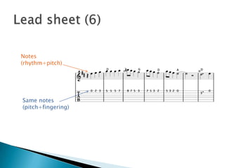 Lead sheet (6)Notes (rhythm+pitch)Same notes (pitch+fingering)