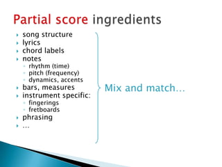 song structurelyricschord labels notesrhythm (time)pitch (frequency)dynamics, accentsbars, measuresinstrument specific:fingeringsfretboards phrasing…Partial score ingredientsMix and match…