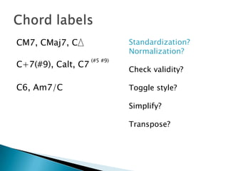 CM7, CMaj7, C   C+7(#9), Calt, C7C6, Am7/CChord labelsStandardization?Normalization?Check validity?Toggle style?Simplify?Transpose?(#5 #9)