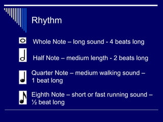 Rhythm Whole Note – long sound - 4 beats long Half Note – medium length - 2 beats long Quarter Note – medium walking sound – 1 beat long Eighth Note – short or fast running sound – ½ beat long 
