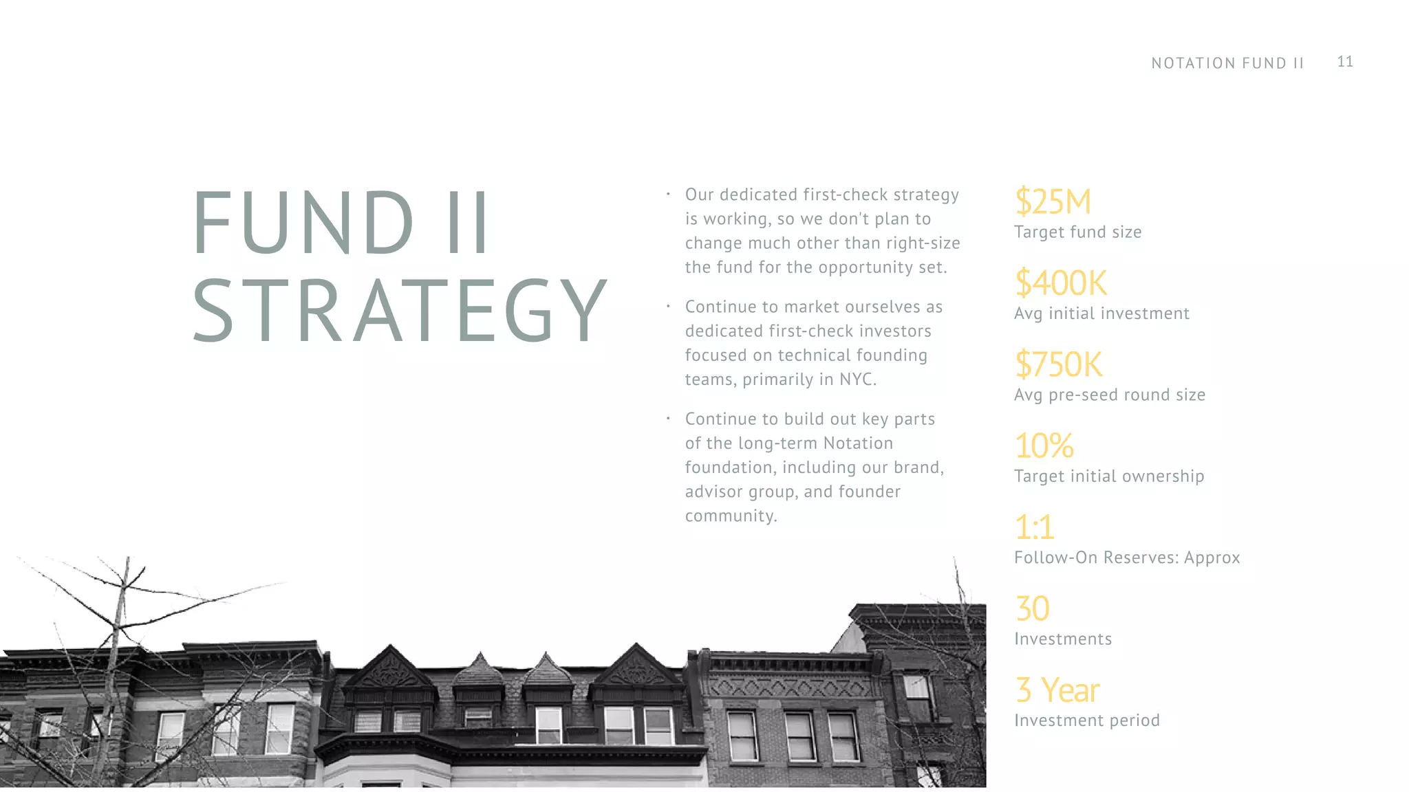 FUND II
STRATEGY
·· Our dedicated first-check strategy
is working, so we don't plan to
change much other than right-size
the fund for the opportunity set.
·· Continue to market ourselves as
dedicated first-check investors
focused on technical founding
teams, primarily in NYC.
·· Continue to build out key parts
of the long-term Notation
foundation, including our brand,
advisor group, and founder
community.
$25M
Target fund size
$400K
Avg initial investment
$750K
Avg pre-seed round size
10%
Target initial ownership
1:1
Follow-On Reserves: Approx
30
Investments
3 Year
Investment period
11NOTATION FUND II
 