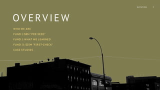 OV ERV IE W
WHO WE ARE
FUND I: $8M "PRE-SEED"
FUND I: WHAT WE LEARNED
FUND II: $25M "FIRST-CHECK"
CASE STUDIES
NOTATION 2
 