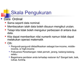 Skala Pengukuran
   Data Ordinal
       Sama seperti data nominal.
       Membezakan ialah data boleh disusun mengikut urutan.
       Tetapi kita tidak boleh mengukur perbezaan di antara dua
        data.
       Kita dapat memberikan nilai numerik namun tidak dapat
        melakukan operasi matematik
       Cth:
         
             Pengundi-pengundi diklasifikasikan sebagai low-income, middle-
             income, or high-income
         
             Frekuensis Penerbangan: tidak pernah, jarang, kadang-kadang,
             selalu.·
            Bagaimana penilaian anda terhadap restoran itu? Sangat baik, baik,
             cukup, kurang.
 