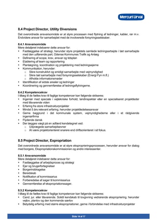 Side 14 af 17
8.4 Project Director, Utility Diversions
Det overordnede ansvarsområde er at styre processen med flytning af ledninger, kabler, rør m.v.
Endvidere ansvar for samarbejdet med de involverede forsyningsselskaber.
8.4.1 Ansvarsområde
Mere detaljeret indebærer dette ansvar for:
• Fastlæggelse af strategi, herunder styre projektets samlede ledningsarbejde i tæt samarbejde
med den udførende part, Odense Kommunes Trafik og Anlæg
• Definering af scope, krav, ansvar og tidsplan
• Etablering af team og rapportering
• Planlægning, koordination og projektering med ledningsejerne
• Kommunikation, herunder:
o Sikre konstruktivt og smidigt samarbejde med vejmyndighed
o Sikre tæt samarbejde med forsyningsselskaber (Energi Fyn m.fl.)
o Afholde informationsmøder
• Identifikation af sidste arealer og ledninger
• Koordinering og gennemførelse af ledningsflytningerne.
8.4.2 Kompetencekrav
I tillæg til de fælles krav til faglige kompetencer kan følgende skitseres:
• Ingeniør med speciale i vejtekniske forhold, landinspektør eller en specialiseret projektleder
med tilsvarende viden
• Erfaring fra store infrastrukturprojekter
• Mindst 5 års relevant erfaring, herunder projektledelsesansvar
• Gerne baggrund i det kommunale system, vejmyndighederne eller i et rådgivende
ingeniørfirma
• Flydende dansk
• Der lægges vægt på en adfærd kendetegnet ved:
o Udprægede samarbejdsevner
o At være projektorienteret snarere end driftsorienteret i sit fokus.
8.5 Project Director, Expropriation
Det overordnede ansvarsområde er at styre eksproprieringsprocessen, herunder ansvar for dialog
med borgere, Ekspropriationskommissionen og andre interessenter.
8.5.1 Ansvarsområde
Mere detaljeret indebærer dette ansvar for:
• Fastlæggelse af arbejdsproces og strategi
• Ejer og brugerfortegnelser
• Borgerinddragelse
• Beredskab
• Notifikation af kommissarius
• Forberedelse af sager til kommissarius
• Gennemførelse af ekspropriationssager.
8.5.2 Kompetencekrav
I tillæg til de fælles krav til faglige kompetencer kan følgende skitseres:
• Cand. jur. eller tilsvarende. Solidt kendskab til lovgivning vedrørende ekspropriering, herunder
vejlov, planlov og den kommende særlov
• Betydelig erfaring med større ekspropriationer, gerne i forbindelse med infrastrukturprojekter
 