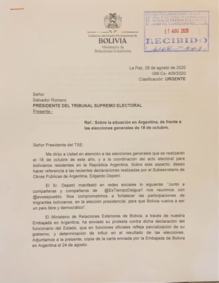 Carta de la canciller al presidente del TSE.