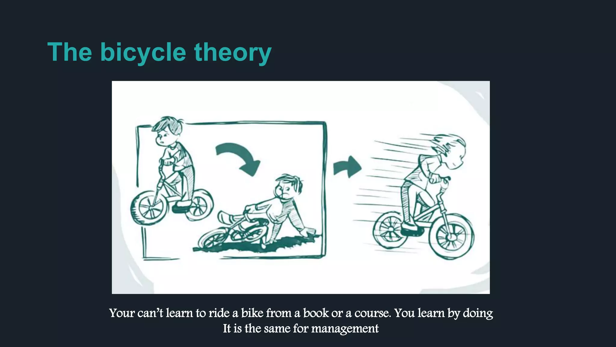 The bicycle theory
Your can’t learn to ride a bike from a book or a course. You learn by doing
It is the same for management
 