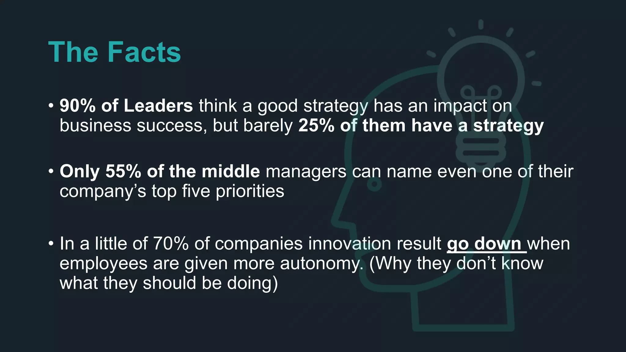 The Facts
• 90% of Leaders think a good strategy has an impact on
business success, but barely 25% of them have a strategy
• Only 55% of the middle managers can name even one of their
company’s top five priorities
• In a little of 70% of companies innovation result go down when
employees are given more autonomy. (Why they don’t know
what they should be doing)
 