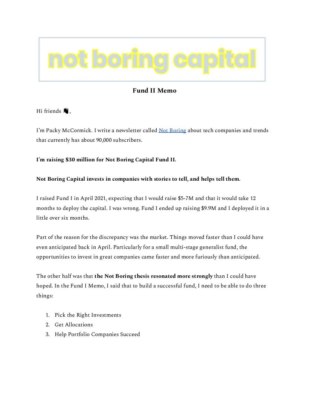 Not Boring Capital - Fund II Memo - VC Pitch Deck Examples | PDF
