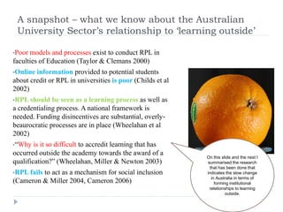 A snapshot – what we know about the Australian
 University Sector’s relationship to ‘learning outside’

•Poor models and p...