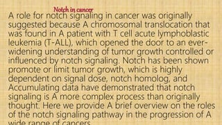 Notch in cancer
A role for notch signaling in cancer was originally
suggested because A chromosomal translocation that
was found in A patient with T cell acute lymphoblastic
leukemia (T-ALL), which opened the door to an ever-
widening understanding of tumor growth controlled or
influenced by notch signaling. Notch has been shown
promote or limit tumor growth, which is highly
dependent on signal dose, notch homolog, and
Accumulating data have demonstrated that notch
signaling is A more complex process than originally
thought. Here we provide A brief overview on the roles
of the notch signaling pathway in the progression of A
 