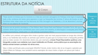 ESTRUTURA DA NOTÍCIA
Presença
de
citação
direta
Presença
de
citação
indireta
3) Corpo
 