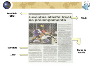 Antetítulo 
(Olho) 
Título 
Subtítulo 
Lead 
Corpo da 
notícia 
 