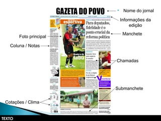  Nome do jornal
TEXTO
Foto principal
Informações da
edição
Manchete
Coluna / Notas
Chamadas
Submanchete
Cotações / Clima
 