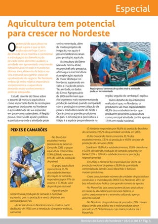 Especial
Aquicultura tem potencial
para crescer no Nordeste
O
        potencial da aquicultura no         ser incrementada, além
        Brasil supera o que se tem          de muitos projetos de
        explorado até hoje. Com o           irrigação, nos quais é
declínio da pesca marinha e continental     possível utilizar os canais
e a divulgação dos benefícios do            para produção aquícola.
pescado como alimento saudável, a               A consultora do Etene
atividade tem apresentado crescimento       Maria de Fátima Vidal,
extraordinário em todo o mundo nos          responsável pela pesquisa,
últimos anos, deixando de lado o seu        afirma que a carcinicultura
viés artesanal para ganhar status de        é a exploração aquícola
oportunidade de negócio. No Nordeste,       de maior destaque no
embora já tenha relativa importância        Nordeste, superando em
socioeconômica, a aquicultura               valor a criação de peixes.
demanda maior conhecimento e                “Na verdade, os dados         Região possui centenas de açudes onde a atividade
políticas adequadas.                                                      pode ser incrementada
                                            do Censo Agropecuário
    Estudo recente do Etene sobre           de 2006 confirmam que                        região, seguida do tambaqui”, explica.
o assunto já mostra a aquicultura           é o segmento mais representativo da              Outro detalhe do levantamento
como importante fonte de renda para         produção nacional, quando comparado          realizado é que, no Nordeste, os
pequenos produtores no Nordeste             com a produção e comercialização de          produtores são mais especializados:
e a possibilidade de sua expansão           peixes, tendo Rio Grande do Norte e          48,9% dos estabelecimentos que
em patamares sustentáveis. A Região         Ceará como os grandes produtores             produzem peixe têm a aquicultura
possui centenas de açudes públicos          do país. Com relação à piscicultura, a       como principal atividade contra apenas
e particulares onde a atividade pode        tilápia é a espécie preponderante na         17,4% em escala nacional.


                                                                       - O Nordeste respondeu por 96,6% da produção brasileira
  PEIXES E CAMARÕES                                                 de camarões e 97,2% da quantidade vendida, em 2006.

                                       - No Brasil, dos                - O Rio Grande do Norte concentra 35,1% dos
                                   estabelecimentos                 estabelecimentos, 53,1% da produção e 49,5% do valor de
                                   produtores de peixe no           produção de camarão (2006).
                                   Censo de 2006, o grupo               Ceará tem 18,8% dos estabelecimentos, 30,6% do volume
                                   aquicultura representou          e 32,3% do valor de produção de camarão, seguindo-se
                                   17,4% (83% do volume e           Bahia (13,5% e 7,8% dos estabelecimentos e produção,
                                   85% do valor da produção         respectivamente).
                                   de peixes).                         - Em 2006, o Nordeste foi responsável por 26,3% da
                                      - O grupo aquicultura         produção nacional de peixes e 28,8% da quantidade
                                   representava 56,7%               comercializada, sendo Ceará, Maranhão e Bahia os
                                   dos estabelecimentos             maiores produtores.
                                   de criação de camarão,              - Ceará possui o maior número de unidades de piscicultura
                                   respondendo por 97% do           construídas e mantidas pelo DNOCS no Nordeste, além de
                                   volume e 97,3% do valor          boa infraestrutura hídrica com grande número de açudes.
                                   de produção nacional.
                                                                        - No Maranhão, que possui potencial para piscicultura
                                      - A participação              em razão da abundância em recursos hídricos, o
  nordestina na produção de camarão é bem mais                      cultivo predominante é o extensivo utilizando apenas
  expressiva que na produção e venda de peixes, em                  alimento natural.
  comparação ao País.
                                                                        - No Nordeste, dos produtores de pescados, 29% criavam
     - A carcinicultura no Nordeste cresceu muito a partir          tilápia, sendo que a Bahia era o maior produtor desse
  da década de 1990, com a introdução da espécie exótica L.         pescado, e 22,7% tambaquis, cujo maior produtor era o
  vannamei.                                                         Maranhão.


                                                                   Notícias do Banco do Nordeste • 03/01/2011 • Pág. 5
 