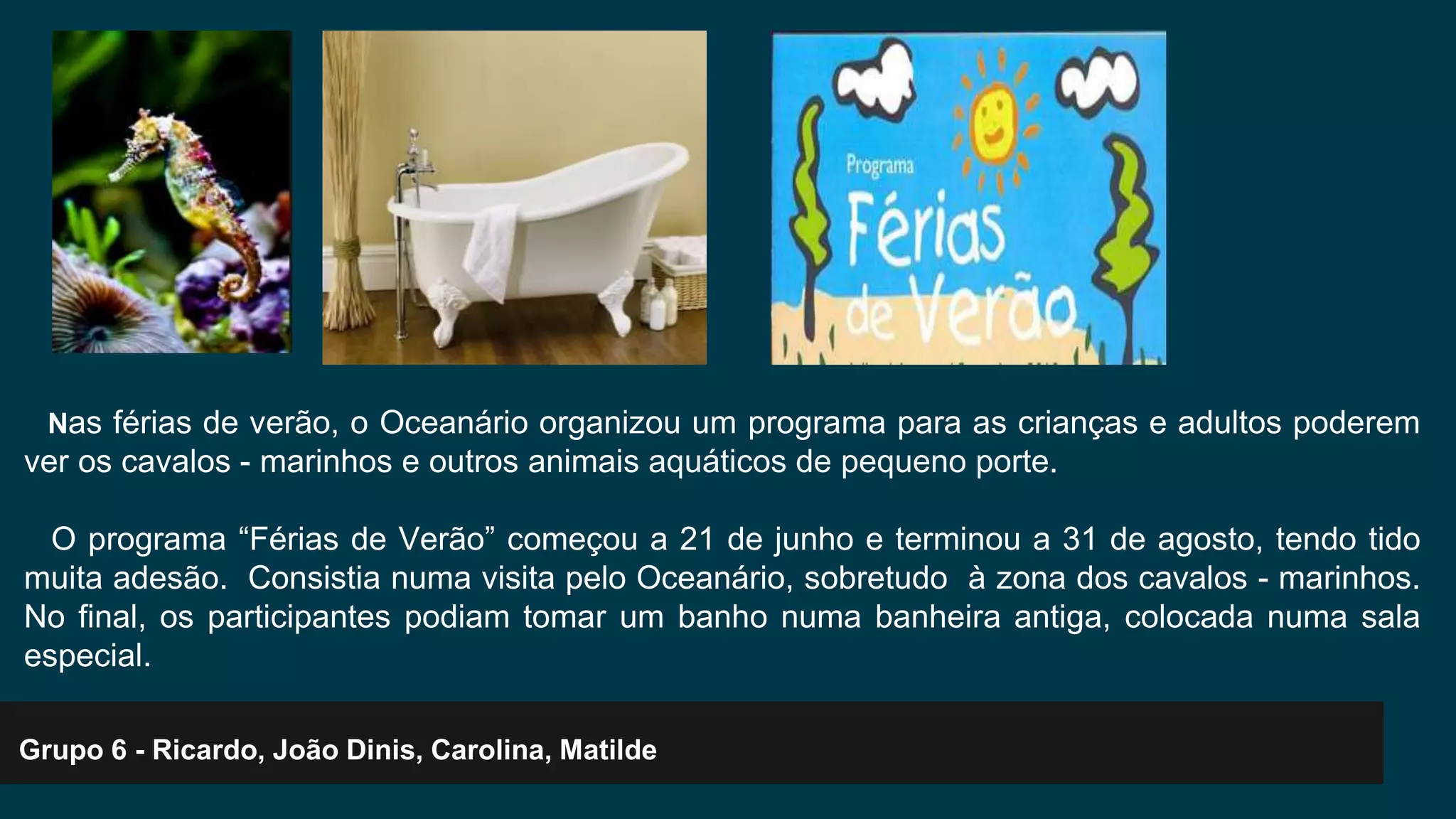 Nas férias de verão, o Oceanário organizou um programa para as crianças e adultos poderem 
ver os cavalos - marinhos e outros animais aquáticos de pequeno porte. 
O programa “Férias de Verão” começou a 21 de junho e terminou a 31 de agosto, tendo tido 
muita adesão. Consistia numa visita pelo Oceanário, sobretudo à zona dos cavalos - marinhos. 
No final, os participantes podiam tomar um banho numa banheira antiga, colocada numa sala 
especial. 
Grupo 6 - Ricardo, João Dinis, Carolina, Matilde 

