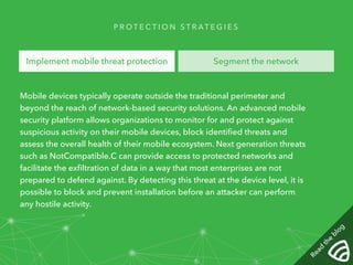 PROTECT I O N STRAT E G I E S 
Implement mobile threat protection Segment the network 
Mobile devices typically operate outside the traditional perimeter and 
beyond the reach of network-based security solutions. An advanced mobile 
security platform allows organizations to monitor for and protect against 
suspicious activity on their mobile devices, block identified threats and 
assess the overall health of their mobile ecosystem. Next generation threats 
such as NotCompatible.C can provide access to protected networks and 
facilitate the exfiltration of data in a way that most enterprises are not 
prepared to defend against. By detecting this threat at the device level, it is 
possible to block and prevent installation before an attacker can perform 
any hostile activity. 
Read the blog 
 