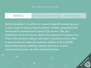 NOTA B L E AT T R I B U T E S 
Resiliency Resistance to Detection Self-Protection 
NotCompatible.C is resilient to network-based blocking because 
it uses a peer-to-peer protocol and has multiple, geographically-distributed 
Command and Control (C2) servers. The geo-distribution 
of its C2 servers allows the malware to function even 
if law enforcement is able to take down individual servers. Peer-to- 
peer protocols make the malware resilient to IP and DNS 
based blocking by enabling infected devices to receive 
commands by proxy via other infected devices. 
Read the blog 
 
