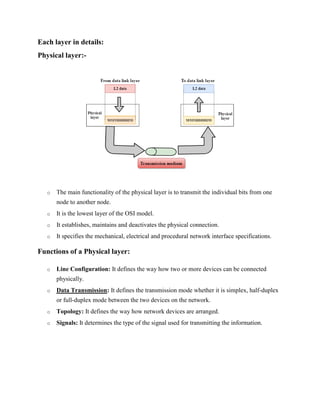 Each layer in details:
Physical layer:-
o The main functionality of the physical layer is to transmit the individual bits from one
node to another node.
o It is the lowest layer of the OSI model.
o It establishes, maintains and deactivates the physical connection.
o It specifies the mechanical, electrical and procedural network interface specifications.
Functions of a Physical layer:
o Line Configuration: It defines the way how two or more devices can be connected
physically.
o Data Transmission: It defines the transmission mode whether it is simplex, half-duplex
or full-duplex mode between the two devices on the network.
o Topology: It defines the way how network devices are arranged.
o Signals: It determines the type of the signal used for transmitting the information.
 