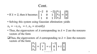 Cont.
• If 𝜆 = 2, then it becomes
−2 0 −2
1 0 1
1 0 1
𝑥1
𝑥2
𝑥3
=
0
0
0
• Solving this system using Gaussian elimination yields
𝑥1 = −𝑠, 𝑥2 = 𝑡 , 𝑥3 = 𝑠(verify)
• Thus, the eigenvectors of A corresponding to 𝜆 = 2 are the nonzero
vectors of the form
Thus, the eigenvectors of A corresponding to 𝜆 = 2are the nonzero
vectors of the form
𝑥1
𝑥2
𝑥3
=
−𝑠
𝑡
𝑠
= 𝑠
−1
0
1
+ 𝑡
0
1
0 18
by shimelis Ayele
 