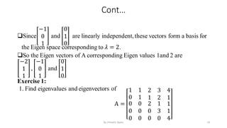 Cont…
Since
−1
0
1
and
0
1
0
are linearly independent,these vectors form a basis for
the Eigen space corresponding to 𝜆 = 2.
So the Eigen vectors of A corresponding Eigen values 1and 2 are
−2
1
1
,
−1
0
1
and
0
1
0
Exercise 1:
1. Find eigenvalues and eigenvectors of
A =
1 1 2 3 4
0 1 1 2 1
0
0
0
0
0
0
2
0
0
1
3
0
1
1
4 19
by shimelis Ayele
 