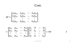 Cont.
AP =
𝜆1𝑝11 𝜆2𝑝12 ⋯ 𝜆𝑛𝑝1𝑛
𝜆1𝑝21 𝜆2𝑝22 … 𝜆2𝑝2𝑛
⋮
𝜆1𝑝𝑛1
⋮
𝜆2𝑝𝑛2
…
…
⋮
𝜆2𝑝𝑛𝑛
=
𝑝11 𝑝12
⋯ 𝑝1𝑛
𝑝21 𝑝22 … 𝑝2𝑛
⋮
𝑝𝑛1
⋮
𝑝𝑛2
…
…
⋮
𝑝𝑛𝑛
𝜆1 0 ⋯ 0
0 𝜆2 … 0
⋮
0
⋮
0
…
…
⋮
𝜆𝑛
= 𝑃𝐷 3
32
by shimelis Ayele
 