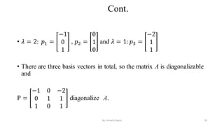 Cont.
• 𝜆 = 2: 𝑝1 =
−1
0
1
, 𝑝2 =
0
1
0
and 𝜆 = 1: 𝑝3 =
−2
1
1
• There are three basis vectors in total, so the matrix A is diagonalizable
and
P =
−1 0 −2
0 1 1
1 0 1
diagonalize A.
35
by shimelis Ayele
 