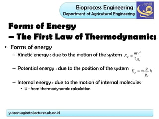 Forms of Energy
– The First Law of Thermodynamics
• Forms of energy
– Kinetic energy : due to the motion of the system
– Potential energy : due to the position of the system
– Internal energy : due to the motion of internal molecules
• U : from thermodynamic calculation
c
K
g
mv
E
2
2

h
g
g
m
E
c
p 
 