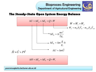 The Steady-State Open System Energy Balance
W
Q
E
E
U k
p 






f
s W
W
W 

out
out
out
in
in
in
f V
P
m
V
P
m
W ˆ
ˆ 

c
K
g
mv
E
2
2



h
g
g
m
E
c
K 


U
m
U ˆ



V
P
U
H ˆ
ˆ
ˆ 

s
k
p W
Q
E
E
H 






 