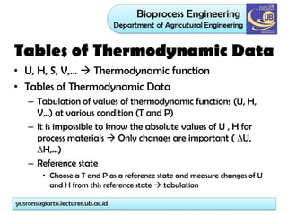 Tables of Thermodynamic Data
• U, H, S, V,…  Thermodynamic function
• Tables of Thermodynamic Data
– Tabulation of values of thermodynamic functions (U, H,
V,..) at various condition (T and P)
– It is impossible to know the absolute values of U , H for
process materials  Only changes are important ( U,
H,…)
– Reference state
• Choose a T and P as a reference state and measure changes of U
and H from this reference state  tabulation
 