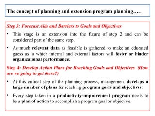 Step 3: Forecast Aids and Barriers to Goals and Objectives
• This stage is an extension into the future of step 2 and can be
considered part of the same step.
• As much relevant data as feasible is gathered to make an educated
guess as to which internal and external factors will foster or hinder
organizational performance.
Step 4: Develop Action Plans for Reaching Goals and Objectives (How
are we going to get there?)
• At this critical step of the planning process, management develops a
large number of plans for reaching program goals and objectives.
• Every step taken in a productivity-improvement program needs to
be a plan of action to accomplish a program goal or objective.
The concept of planning and extension program planning…..
 