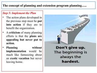 Step 5: Implement the Plan
• The action plans developed in
the previous step must be put
into action if they are to
benefit the organization.
• A criticism of many planning
efforts is that the plans are
appealing but never put to
action.
• Planning without
implementation would be
much like fantasizing about
an exotic vacation but never
leaving home.
The concept of planning and extension program planning…..
 