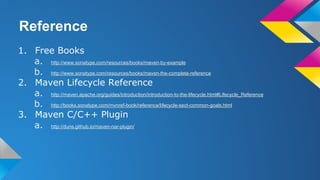 Reference
1. Free Books
a. http://www.sonatype.com/resources/books/maven-by-example
b. http://www.sonatype.com/resources/books/maven-the-complete-reference
2. Maven Lifecycle Reference
a. http://maven.apache.org/guides/introduction/introduction-to-the-lifecycle.html#Lifecycle_Reference
b. http://books.sonatype.com/mvnref-book/reference/lifecycle-sect-common-goals.html
3. Maven C/C++ Plugin
a. http://duns.github.io/maven-nar-plugin/
 